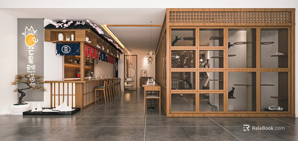 Traditional Japanese Restaurant Interior With Wooden Lattice Windows Bar Counter And Cherry Blossom Decor 3d model 