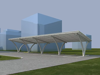 Modern Canopy Structure with Curved Support Columns Covering Paved Pathway in Urban Green Space 3d model