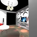 Modern Living Room Interior With Red Curved Sofa White TV Cabinet And Round Coffee Table