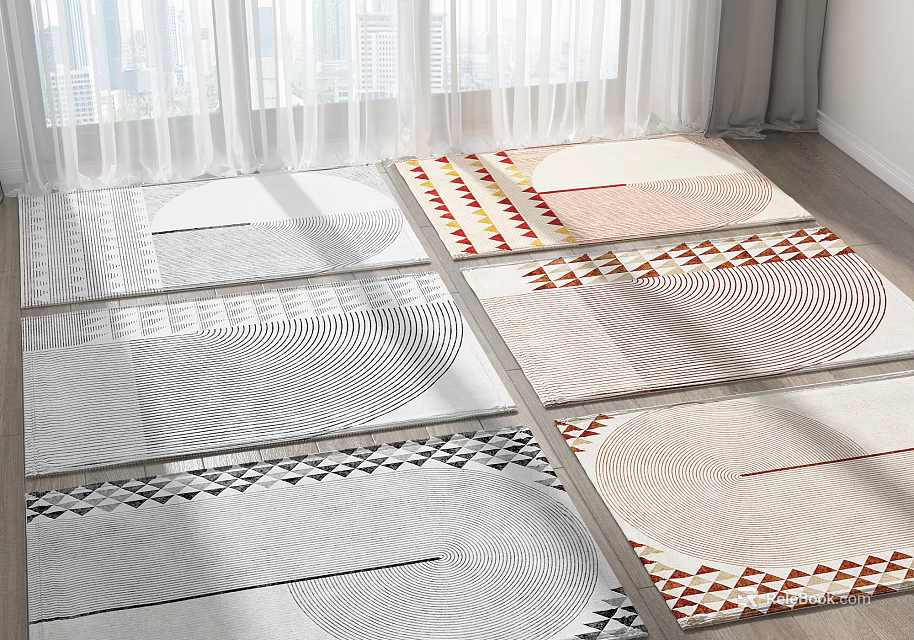 Various Designed Square Rugs With Geometric Patterns And Color Accents For Home Interior 3d model 