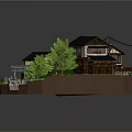 Cartoon Scene Of Traditional Japanese Village With Wooden Houses Black Roofs And Green Trees