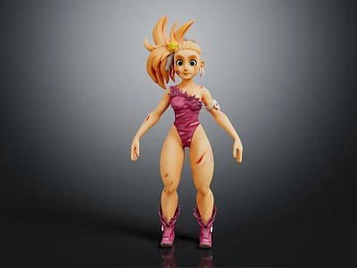 Game Movie Character 3D Model Featuring Golden Hair Pink Bodysuit Mechanical Arm Purple Boots Scars 3d model