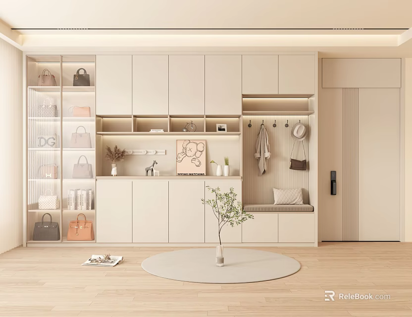 Modern Shoe Cabinet With Storage Cabinets Open Shelves Clothing Hooks Display Bags Shoes Decorative Plant 3d model 