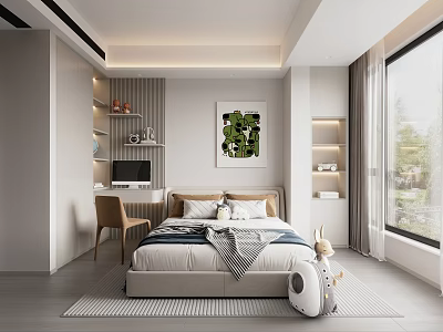 Kids Bedroom Interior With Bed Desk Computer Green Plant Painting And Stuffed Rabbit Toy 3d model