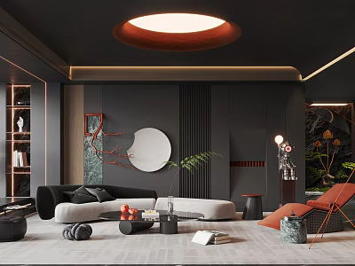 Modern Living Room Interior With Black Sofa Red Chair Round Mirror And Green Plants 3d model