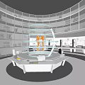 Modern Exhibition Hall Interior Featuring Multi Tiered Display Shelves Circular Platform And Glass Walls
