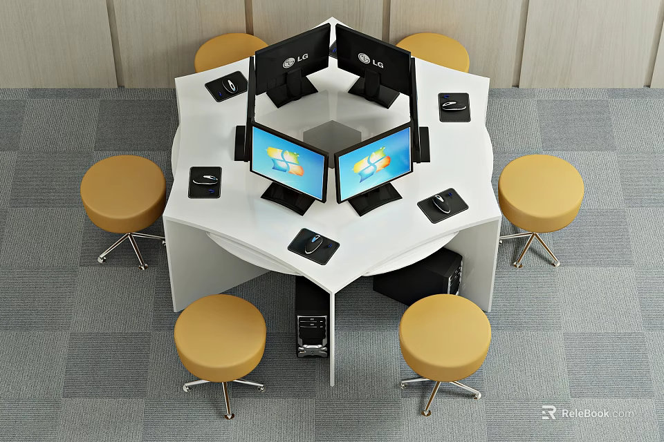 Octagonal Office Desk with Yellow Stools Multiple Computer Monitors Keyboards and Mice 3d model