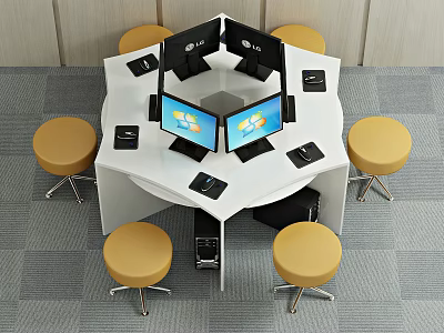 Octagonal Office Desk with Yellow Stools Multiple Computer Monitors Keyboards and Mice 3d model