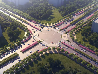 Modern Municipal Road at Intersection with Green Belts Trees and Flower Beds 3d model