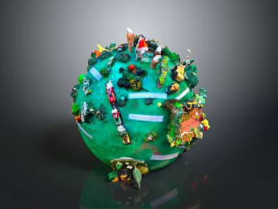 Natural Scene Decorated Green Globe With Miniature Plants Small Trees And Grass 3d model
