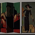 Decorative Folding Screen Featuring Vintage Women Black Cat Building And Trees Art