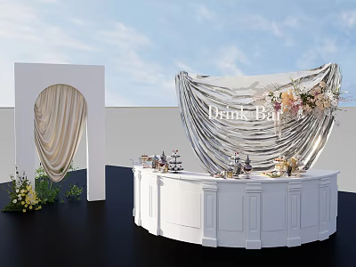 Elegant Floral Display for Drink Bar with Silver Drapery White Counter and Floral Arrangements 3d model