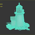 White Tower Lighthouse With Blue Top And Red Roof House On Rock Base