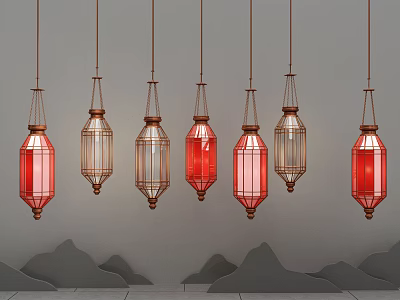 Stylish Lantern Shaped Pendant Chandeliers with Red Transparent Glass Copper Frames and Gray Mountain Decor 3d model