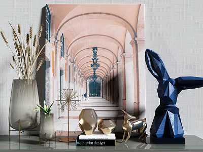 Decorative Ornament Set With Geometric Rabbit Gold Deer And Archway Corridor Painting 3d model