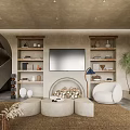Earth Toned Living Room With Arched Ceiling Circular Decor Sofa And Woven Rug