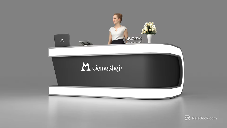 Modern Black And White Reception Desk With Liemustrej Logo Laptop And Flower Vase 3d model 