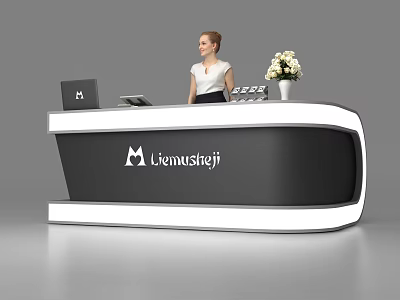 Modern Black And White Reception Desk With Liemustrej Logo Laptop And Flower Vase 3d model