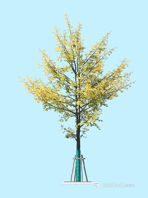 Tall Arbor Tree With Yellow Leaves And Dark Trunk Against Light Blue Sky 3d model 