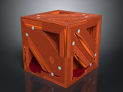 Orange Cube Shaped Furniture With Wooden Strips Geometric Cutout Design White Dot Accents Red Interior 3d model