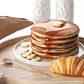 Fluffy Pancakes Fresh Croissants With Syrup Banana Slices Iced Coffee On Wooden Tray