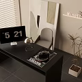 Modern Workspace Interior With Black Desk Grey Chair Screen Lamp Magazine And Plant