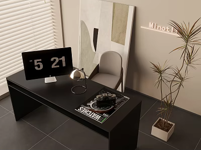 Modern Workspace Interior With Black Desk Grey Chair Screen Lamp Magazine And Plant 3d model