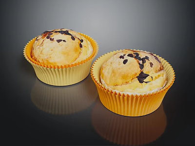 Soft Delicious Muffins With Chocolate Chips In Yellow Paper Cups 3d model