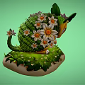 Floral Hedgehog Creature With Green Leaves White Daisies On Grass Base Against Green Background