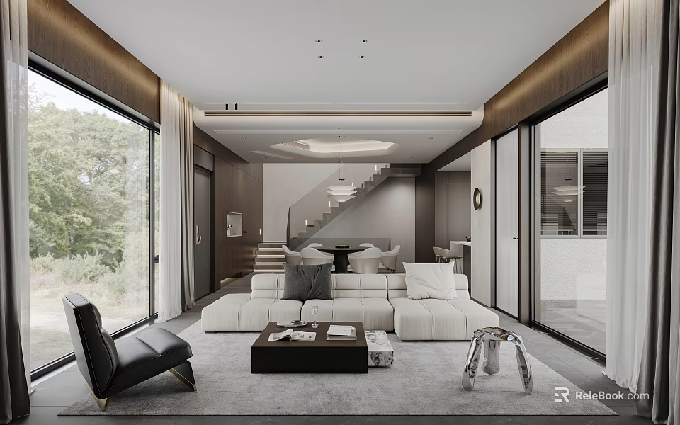 Modern Living Dining Room With Large White Sofa Black Armchair Wooden Staircase And Area Rug 3d model 