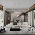 Modern Living Dining Room With Large White Sofa Black Armchair Wooden Staircase And Area Rug