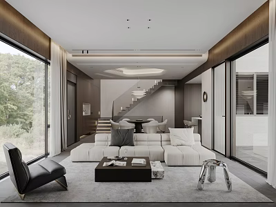 Modern Living Dining Room With Large White Sofa Black Armchair Wooden Staircase And Area Rug 3d model