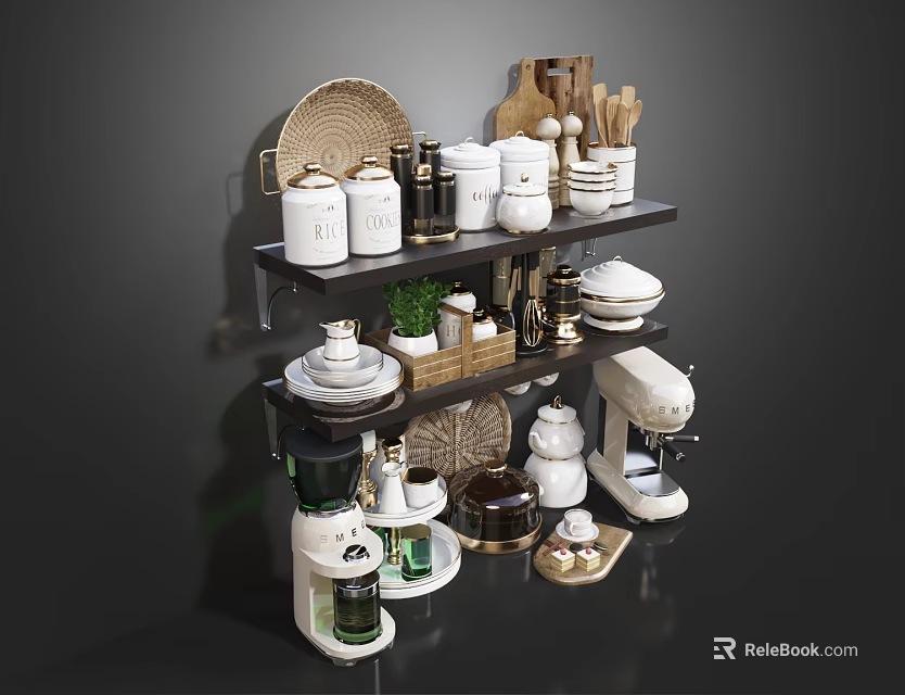 Organized Kitchenware Display With Jars Bowls Mixer Basket And Utensils On Multi Layer Shelves 3d model 