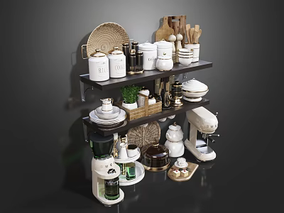 Organized Kitchenware Display With Jars Bowls Mixer Basket And Utensils On Multi Layer Shelves 3d model