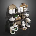 Organized Kitchenware Display With Jars Bowls Mixer Basket And Utensils On Multi Layer Shelves