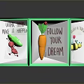 Green Hexagonal Box With Transparent Panels Never Give Up Text Red Cherries Dreams Find A Way And Cartoon Characters