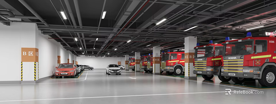 Indoor Modern Parking Garage with Fire Trucks Cars White Floor Markings and Ceiling Lights 3d model 