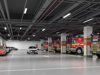 Indoor Modern Parking Garage with Fire Trucks Cars White Floor Markings and Ceiling Lights 3d model