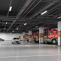 Indoor Modern Parking Garage with Fire Trucks Cars White Floor Markings and Ceiling Lights