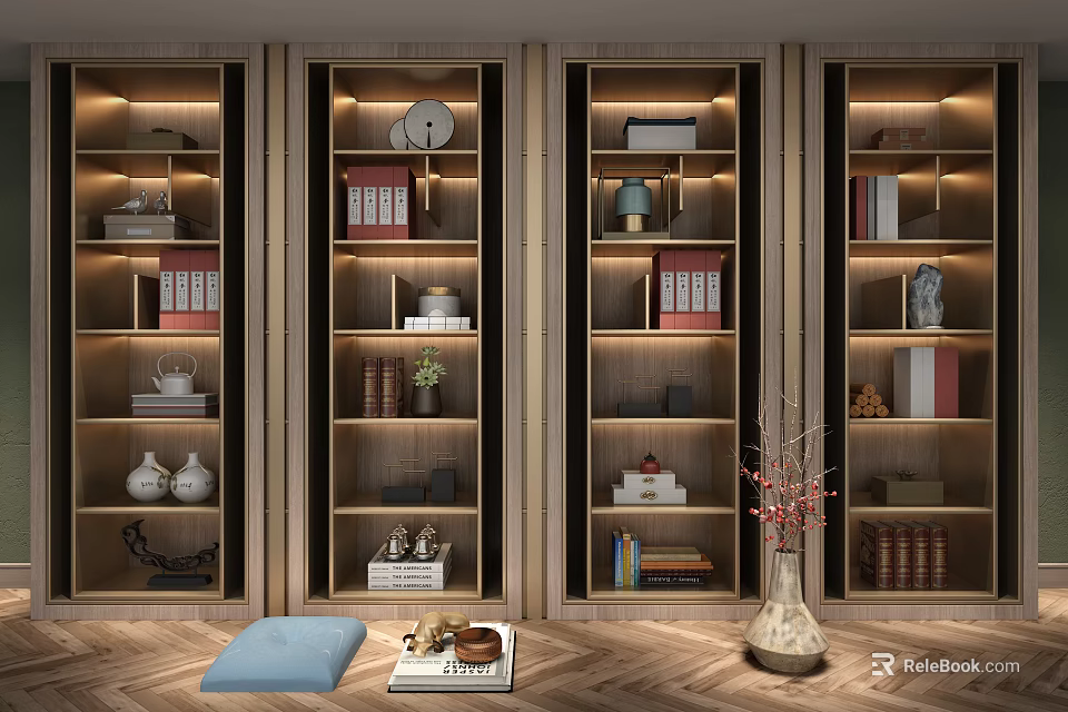 Stylish Wooden Bookcase Interior With Shelves Books Decorations And Lighting 3d model 