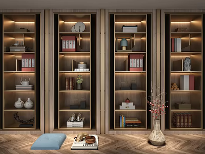 Stylish Wooden Bookcase Interior With Shelves Books Decorations And Lighting 3d model