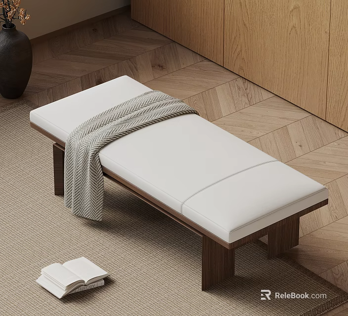Modern Wooden Frame Bench With White Padded Seat And Striped Blanket On Wooden Floor 3d model 