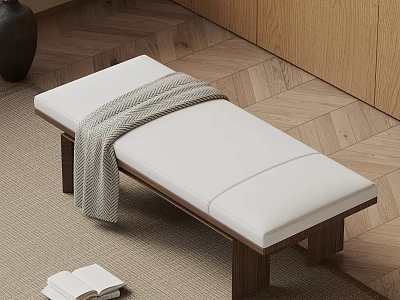 Modern Wooden Frame Bench With White Padded Seat And Striped Blanket On Wooden Floor 3d model