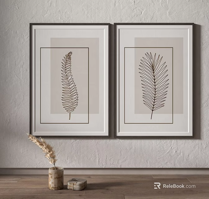 Minimalist Feather Art Prints In Frames On Gray Wall With Dried Flower Decor 3d model