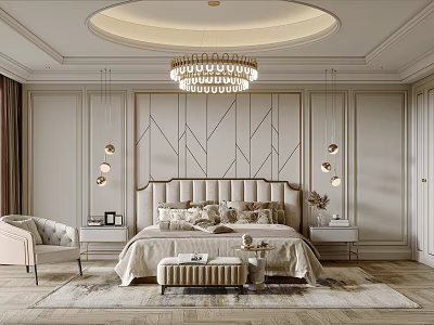 Elegant Bedroom Interior With Tufted Headboard Crystal Chandelier Geometric Wall Patterns And Area Rug 3d model