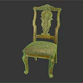 Vintage Wooden Leisure Chair With Ornate Carved Backrest And Patterned Upholstery Seat