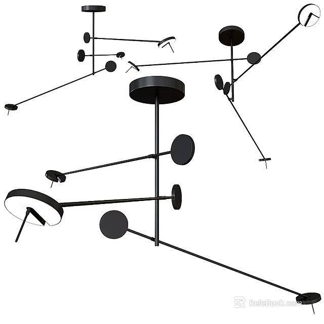 Modern Abstract Chandelier With Black Circular Elements And Thin Metal Rods Structure 3d model