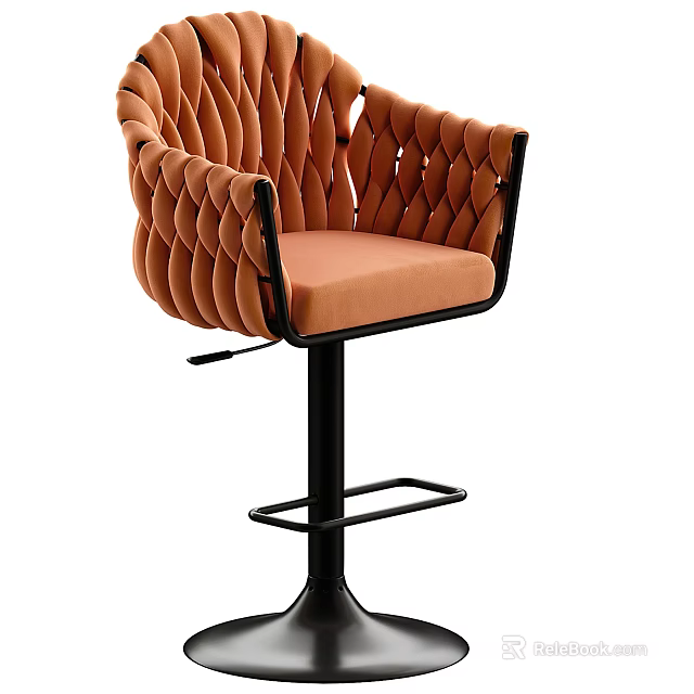 Modern Bar Stool With Woven Backrest Orange Padded Seat And Black Metal Frame 3d model 