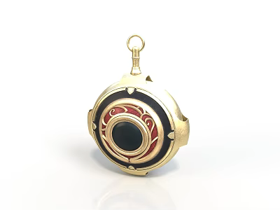 Golden Circular Pendant With Black Center Red Decorations And Metallic Frame As Daily Life Accessory 3d model
