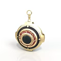 Golden Circular Pendant With Black Center Red Decorations And Metallic Frame As Daily Life Accessory